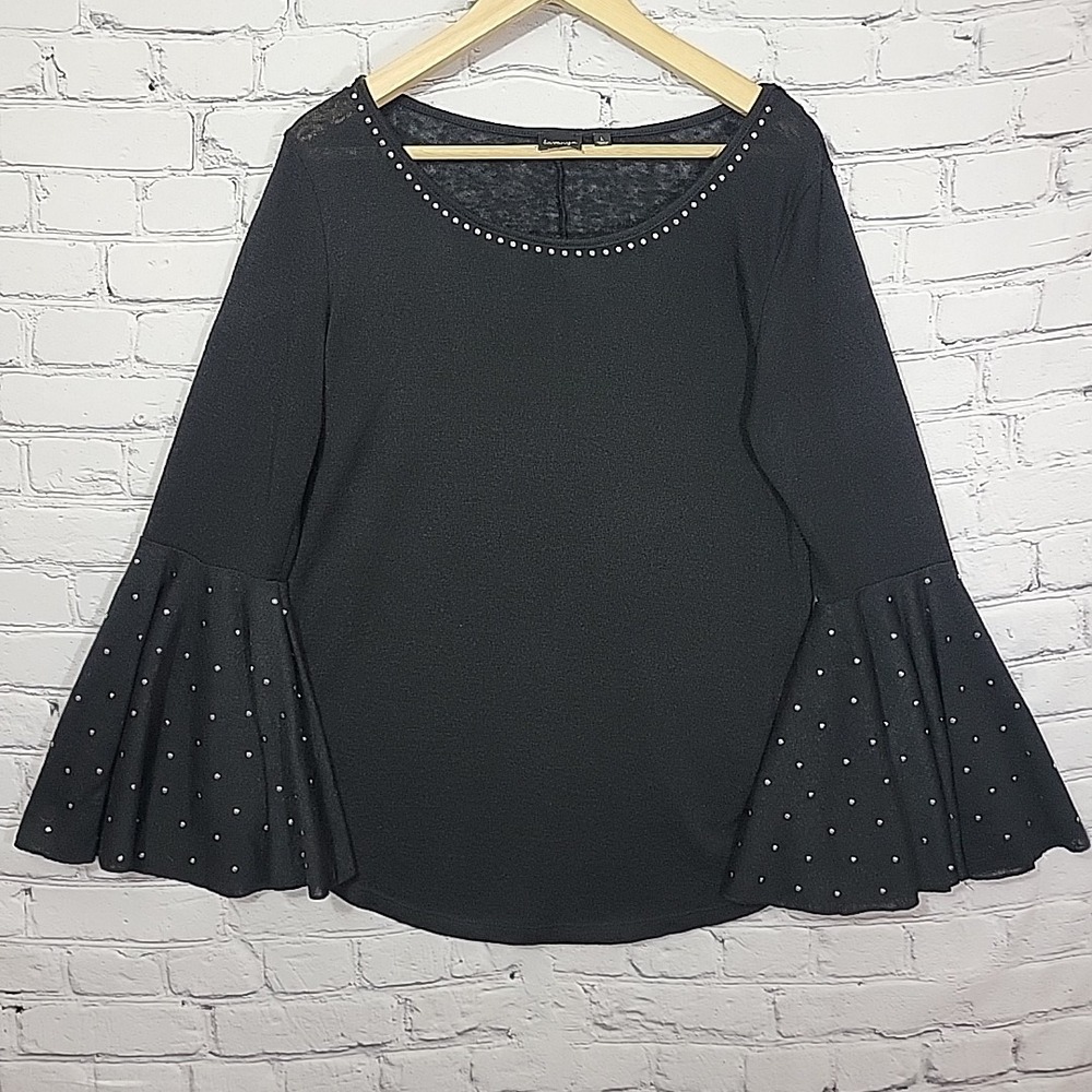 Y2K La Vanya Top Womens‎ L Black Semi Sheer Knit Fairy Whimsy Goth Bell Sleeve